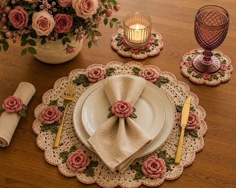 Sousplat de crochê com rosas em uma mesa posta elegante